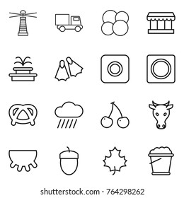 Thin line icon set : lighthouse, truck, atom core, market, fountain, flippers, ring button, pretzel, rain cloud, cherry, cow, udder, acorn, maple leaf, foam bucket