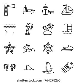 Thin line icon set : lighthouse, sea shipping, port, sail boat, lounger, palm, island, pool, starfish, surfer, handwheel, jet ski, hammock, shark flipper, windsurfing, jellyfish