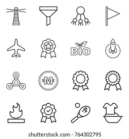 Thin line icon set : lighthouse, funnel, share, flag, plane, medal, bio, rocket, spinner, crypto currency, flammable, tennis, handle washing