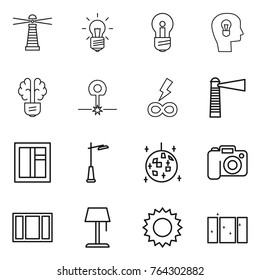 Thin line icon set : lighthouse, bulb, head, brain, laser, infinity power, window, outdoor light, disco ball, camera, floor lamp, sun, clean