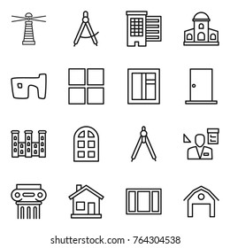 Thin line icon set : lighthouse, draw compass, houses, mansion, slum, window, door, palace, arch, drawing compasses, architector, antique column, home, barn