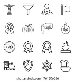 Thin line icon set : lighthouse, funnel, share, flag, medal, bio, presentation, rocket, crypto currency, flammable, train, shield, handwheel, handle washing
