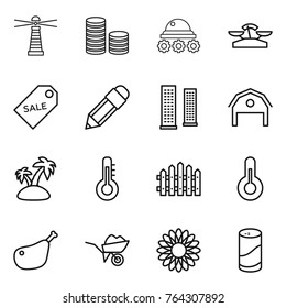 Thin line icon set : lighthouse, coin stack, lunar rover, scales, sale label, pencil, skyscrapers, barn, island, thermometer, fence, chicken leg, wheelbarrow, flower, cleanser powder