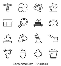Thin line icon set : lighthouse, atom core, table lamp, market, magnifier, fountain, stadium, flammable, flippers, knife holder, turk, cow, acorn, maple leaf, foam bucket