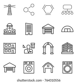 Thin line icon set : lighthouse, molecule, hex, structure, mansion, skyscraper, garage, hangare, modular house, architector, arch, office, washing machine, barn