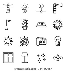 Thin line icon set : lighthouse, bulb, laser, outdoor light, traffic, taxi, sun, disco ball, camera, window, floor lamp, shining, hard reach place cleaning