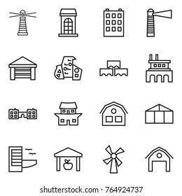 Thin line icon set : lighthouse, building, garage, modern architecture, block wall, factory, school, japanese house, greenhouse, hotel, warehouse, windmill, barn