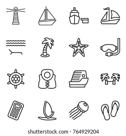 Thin line icon set : lighthouse, boat, port, sail, lounger, palm, starfish, diving mask, handwheel, life vest, cruise ship, hammock, inflatable mattress, windsurfing, jellyfish, flip flops