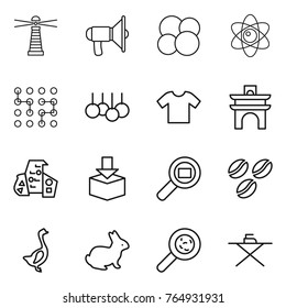 Thin line icon set : lighthouse, loudspeaker, atom core, chip, sale, t shirt, arch, modern architecture, package, cargo search, coffee seeds, goose, rabbit, viruses, iron board