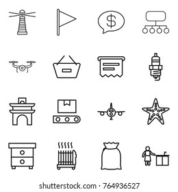 Thin line icon set : lighthouse, flag, money message, structure, drone, remove from basket, atm receipt, spark plug, arch, transporter tape, plane, starfish, nightstand, radiator, flour