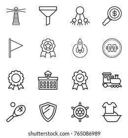 Thin line icon set : lighthouse, funnel, share, dollar magnifier, flag, medal, rocket, crypto currency, university, train, tennis, shield, handwheel, handle washing
