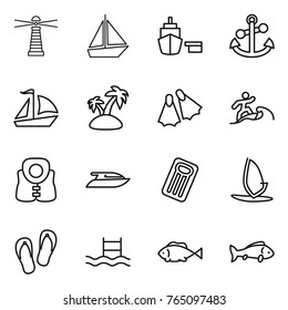 Thin line icon set : lighthouse, boat, port, anchor, sail, island, flippers, surfer, life vest, yacht, inflatable mattress, windsurfing, flip flops, pool, fish