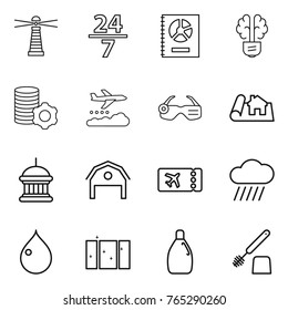 Thin line icon set : lighthouse, 24 7, annual report, bulb brain, virtual mining, weather management, smart glasses, project, goverment house, barn, ticket, rain cloud, drop, clean window, cleanser