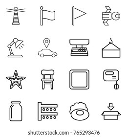 Thin line icon set : lighthouse, flag, satellite, table lamp, car pointer, market scales, loading crane, starfish, chair, cutting board, mixer, bank, watering, soap, package
