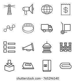 Thin line icon set : lighthouse, loudspeaker, globe, receipt, graph, smart bracelet, delivery, cargo stoller, list, goverment house, palace, package, iron, fridge, towel
