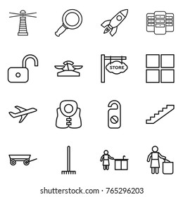 Thin line icon set : lighthouse, magnifier, rocket, server, unlock, scales, store signboard, window, plane, life vest, do not distrub, stairs, trailer, rake, kitchen cleaning, garbage bin
