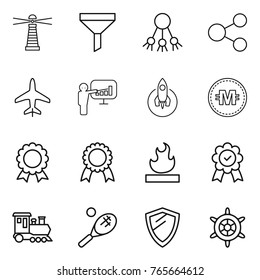 Thin line icon set : lighthouse, funnel, share, plane, presentation, rocket, crypto currency, medal, flammable, train, tennis, shield, handwheel