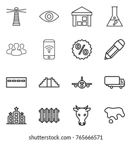 Thin line icon set : lighthouse, eye, warehouse, flask, group, phone wireless, percent, pencil, bunker, pyramid, plane, shipping, hotel, radiator, cow, spot