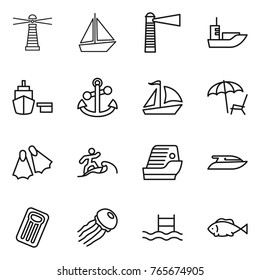 Thin line icon set : lighthouse, boat, sea shipping, port, anchor, sail, lounger, flippers, surfer, cruise ship, yacht, inflatable mattress, jellyfish, pool, fish
