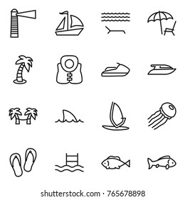 Thin line icon set : lighthouse, sail boat, lounger, palm, life vest, jet ski, yacht, hammock, shark flipper, windsurfing, jellyfish, flip flops, pool, fish