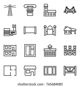 Thin line icon set : lighthouse, column, mansion, bridge, mall, fence, minaret, house with garage, modular, window, university, palace, plan, shop, farm
