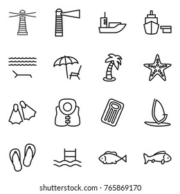 Thin line icon set : lighthouse, sea shipping, port, lounger, palm, starfish, flippers, life vest, inflatable mattress, windsurfing, flip flops, pool, fish