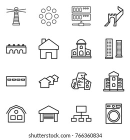 Thin line icon set : lighthouse, round around, server, greate wall, bridge, home, mansion, skyscrapers, bunker, houses, modern architecture, building, house, garage, hierarchy, washing machine