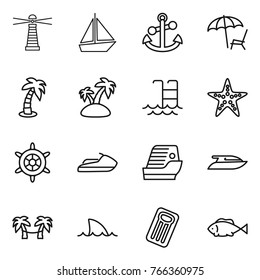 Thin line icon set : lighthouse, boat, anchor, lounger, palm, island, pool, starfish, handwheel, jet ski, cruise ship, yacht, hammock, shark flipper, inflatable mattress, fish