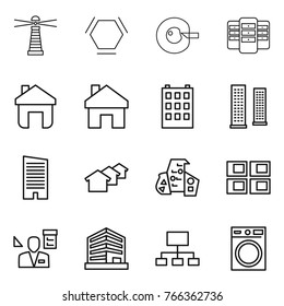 Thin line icon set : lighthouse, hex molecule, cell corection, server, home, building, skyscrapers, skyscraper, houses, modern architecture, panel house, architector, office, hierarchy