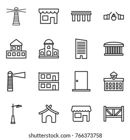 Thin line icon set : lighthouse, shop, bridge, drawbridge, cottage, mansion, skyscraper, airport building, modular house, door, university, outdoor light, bungalow, farm fence