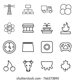 Thin line icon set : lighthouse, hierarchy, truck, atom core, market, fountain, flammable, watch, curtain, ring button, pretzel, cherry, cow, udder, maple leaf