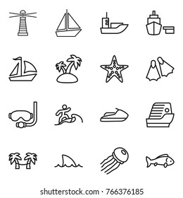 Thin line icon set : lighthouse, boat, sea shipping, port, sail, island, starfish, flippers, diving mask, surfer, jet ski, cruise ship, palm hammock, shark flipper, jellyfish, fish