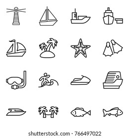 Thin line icon set : lighthouse, boat, sea shipping, port, sail, island, starfish, flippers, diving mask, surfer, jet ski, cruise ship, yacht, palm hammock, fish
