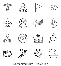 Thin line icon set : lighthouse, share, flag, eye, plane, medal, presentation, rocket, spinner, crypto currency, university, flammable, train, tennis, shield, handle washing
