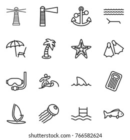Thin line icon set : lighthouse, anchor, lounger, palm, starfish, flippers, diving mask, surfer, shark flipper, inflatable mattress, windsurfing, jellyfish, pool, fish