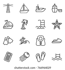 Thin line icon set : lighthouse, boat, sea shipping, port, sail, palm, pool, starfish, flippers, surfer, life vest, jet ski, inflatable mattress, jellyfish, flip flops