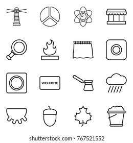 Thin line icon set : lighthouse, diagram, atom, market, magnifier, flammable, curtain, ring button, welcome mat, turk, rain cloud, udder, acorn, maple leaf, foam bucket