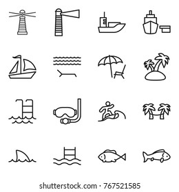 Thin line icon set : lighthouse, sea shipping, port, sail boat, lounger, island, pool, diving mask, surfer, palm hammock, shark flipper, fish