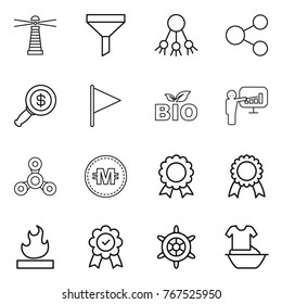 Thin line icon set : lighthouse, funnel, share, dollar magnifier, flag, bio, presentation, spinner, crypto currency, medal, flammable, handwheel, handle washing