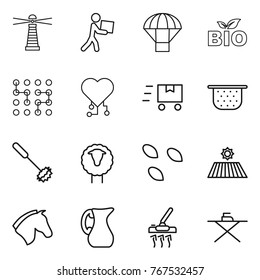 Thin line icon set : lighthouse, courier, parachute, bio, chip, cardio, fast deliver, colander, whisk, sheep, seeds, field, horse, jug, vacuum cleaner, iron board