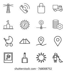 Thin line icon set : lighthouse, call, shopping bag, truck, pedestal, sun power, laser, virtual mining, baby stroller, pyramid, geo pin, photo, scoop, gas oven, brooming
