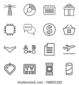 Thin line icon set : lighthouse, circle diagram, calendar, gift, chip, discussion, dollar coin, delete cart, underpants, route a to b, document, departure, heart pendant, tv, pasta, cleanser powder
