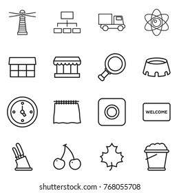 Thin line icon set : lighthouse, hierarchy, truck, atom, market, magnifier, stadium, watch, curtain, ring button, welcome mat, knife holder, cherry, maple leaf, foam bucket
