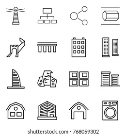Thin line icon set : lighthouse, hierarchy, molecule, nano tube, greate wall, bridge, building, skyscrapers, skyscraper, modern architecture, panel house, district, office, barn, washing machine