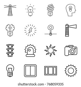 Thin line icon set : lighthouse, bulb, head, brain, lightning, laser, traffic light, alarm, sun, camera, power switch, window
