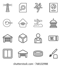 Thin line icon set : lighthouse, search document, 24 7, annual report, cell corection, wireless home, weather management, goverment house, garage, 3d, workman, ticket, power switch, inflatable pool