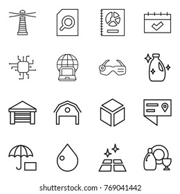 Thin line icon set : lighthouse, search document, annual report, calendar, chip, notebook globe, smart glasses, cleanser, garage, barn, 3d, location details, insurance, drop, clean floor, dish