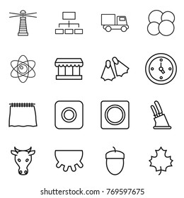 Thin line icon set : lighthouse, hierarchy, truck, atom core, market, flippers, watch, curtain, ring button, knife holder, cow, udder, acorn, maple leaf