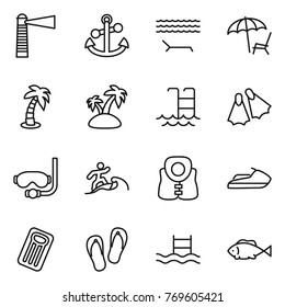 Thin line icon set : lighthouse, anchor, lounger, palm, island, pool, flippers, diving mask, surfer, life vest, jet ski, inflatable mattress, flip flops, fish