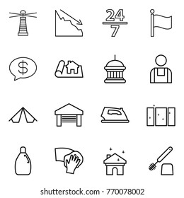 Thin line icon set : lighthouse, crisis, 24 7, flag, money message, project, goverment house, workman, tent, garage, iron, clean window, cleanser, wiping, cleaning, toilet brush